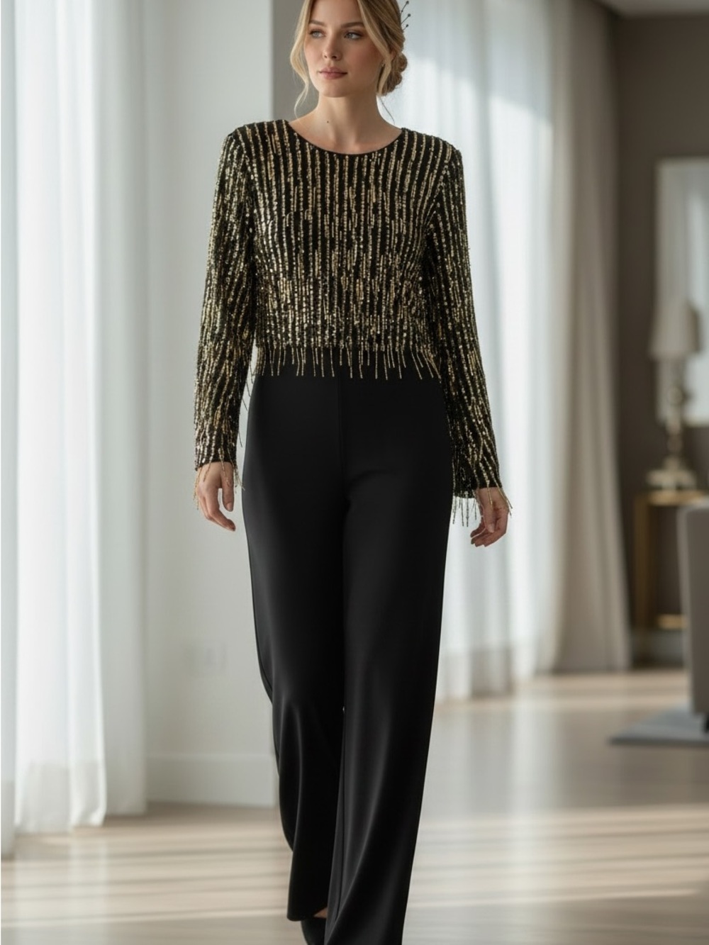 Eliza J Black Jumpsuit with Gold Sequin Bodice